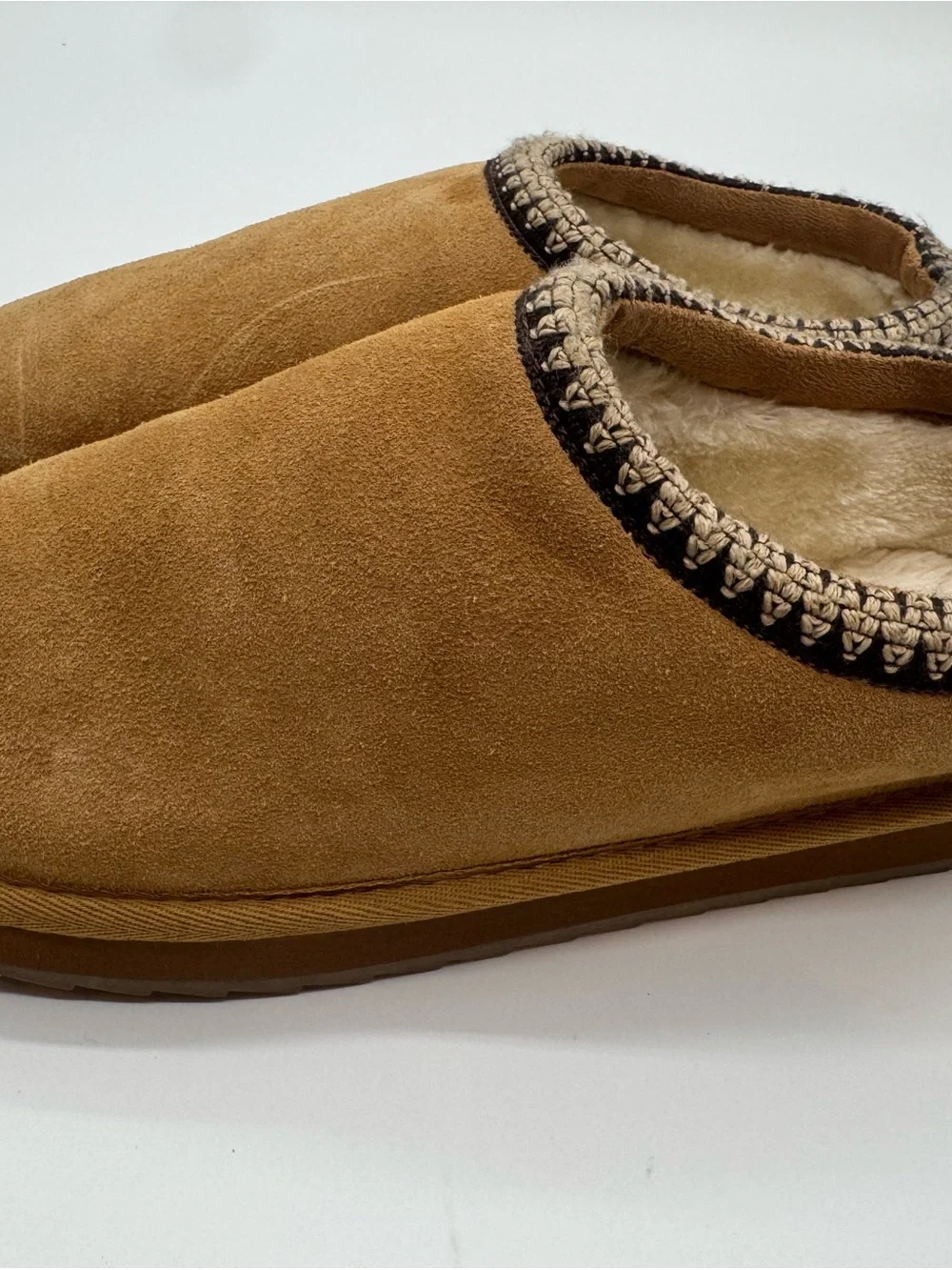 Lands' End Tan Suede Slip-On Slippers with Braided Trim Womens 11 Mens 9 new